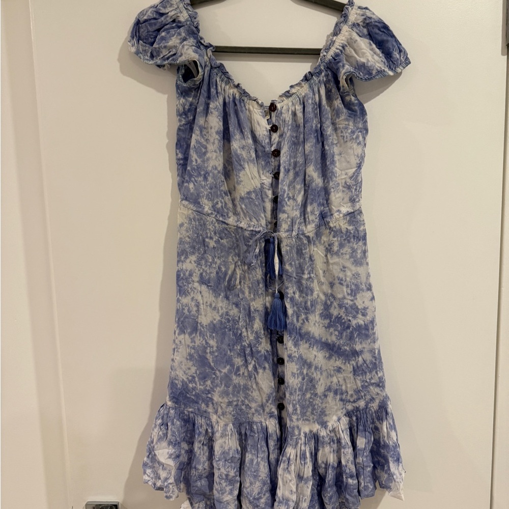 Blue and White Tie-Dye Off-Shoulder Dress